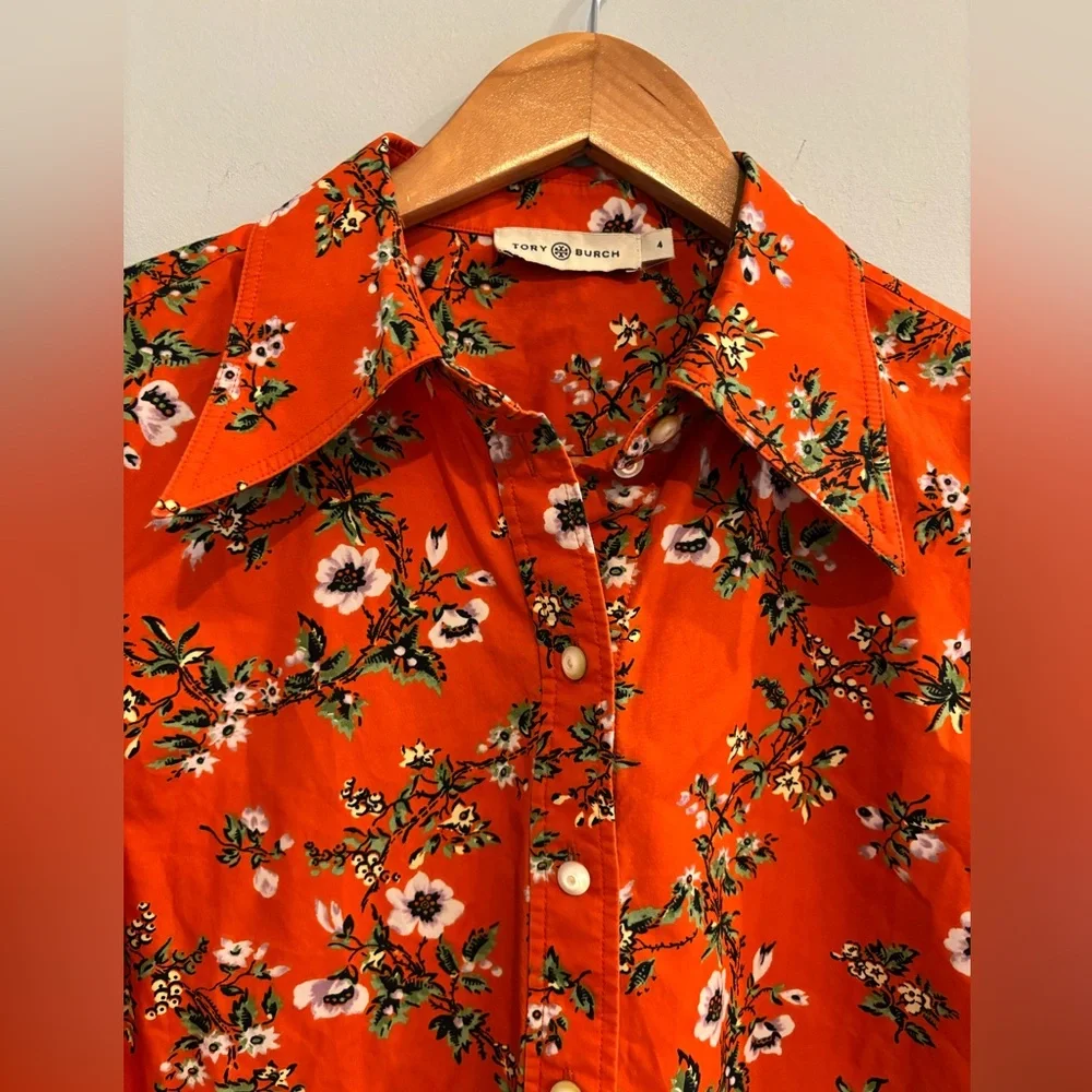 Tory Burch Orange Floral Cotton Button Down Shirt Size 4